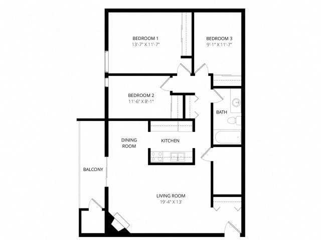 Floor plan for 3 beds, 1 bath, 956 sqft